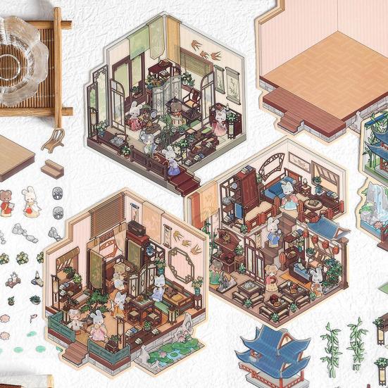 4Pcs DIY Scene Stickers 3D Miniature House Stickers Set Reusable Easy To Use DIY Projects Bookstore Scene Stickers