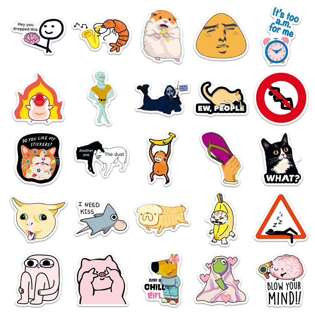 50 Trendy Waterproof Meme Graffiti Stickers: Cartoon Decorations for Skateboards, Bikes, and Thermos Cups
