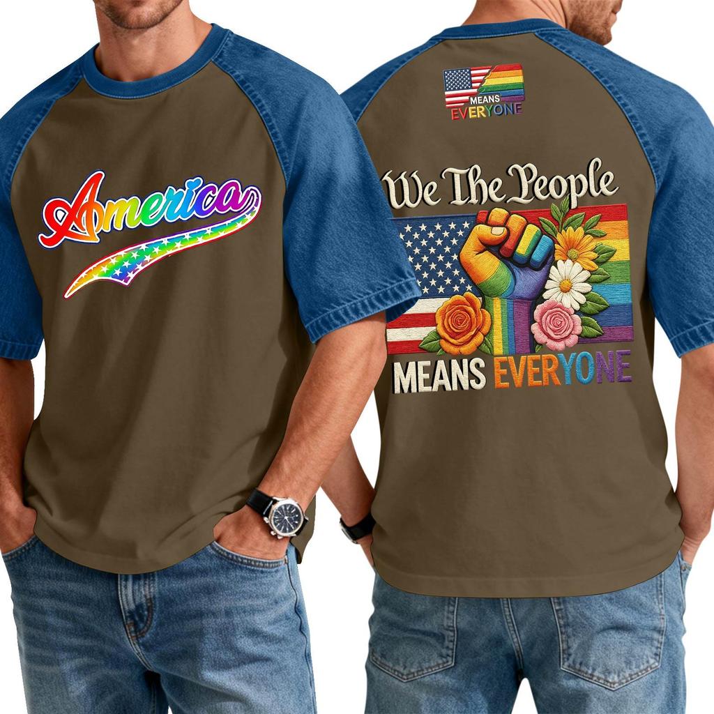 Men's Casual Short Sleeve T-Shirt Denim Patchwork Comfortable Fit Crew Neck Top with Printed Graphic Design Suitable for Everyday Wear