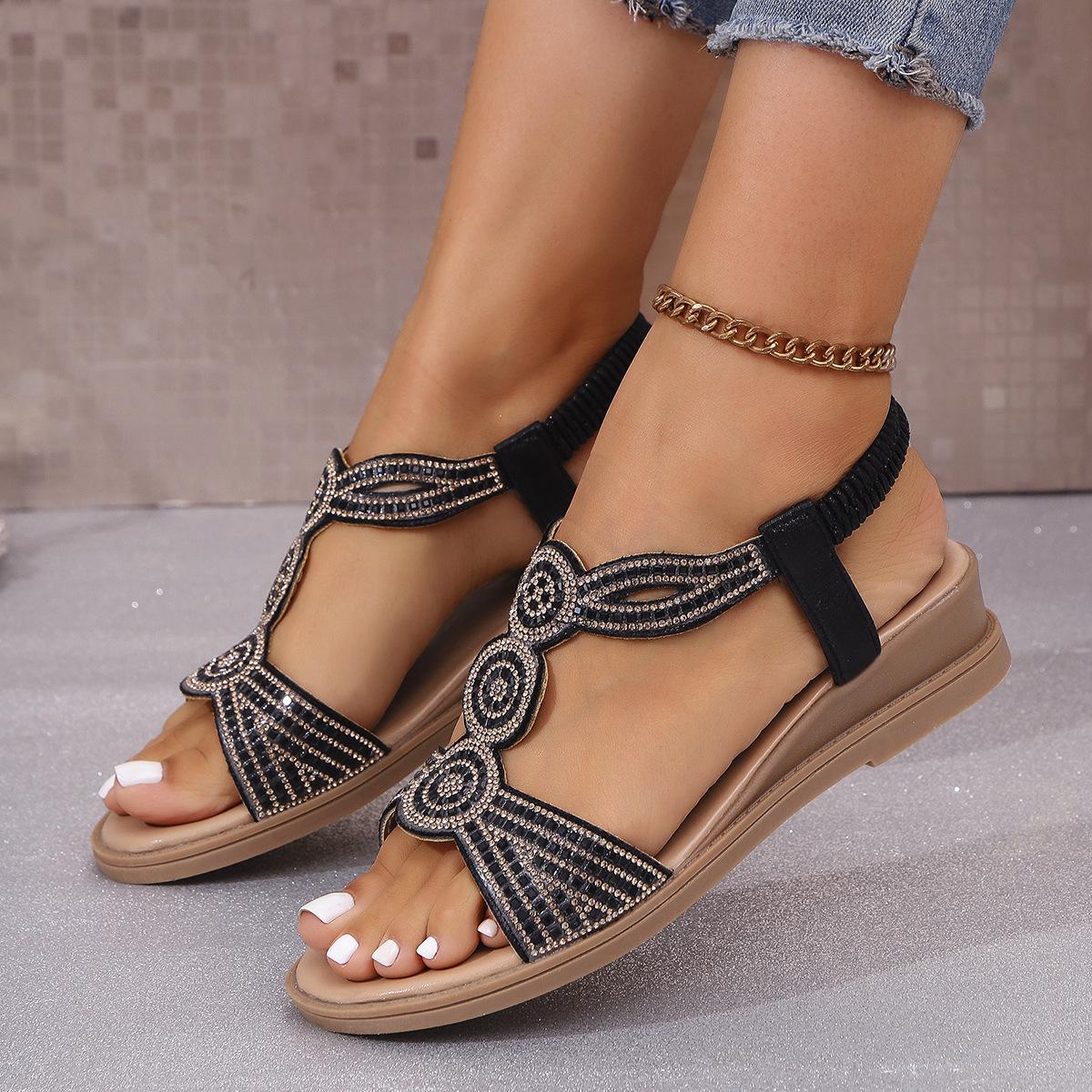 

Новые женские сандалии большого размера на танкетке, с эластичной лентой и стразами, с открытым носком, модные сандалии 35 чёрный