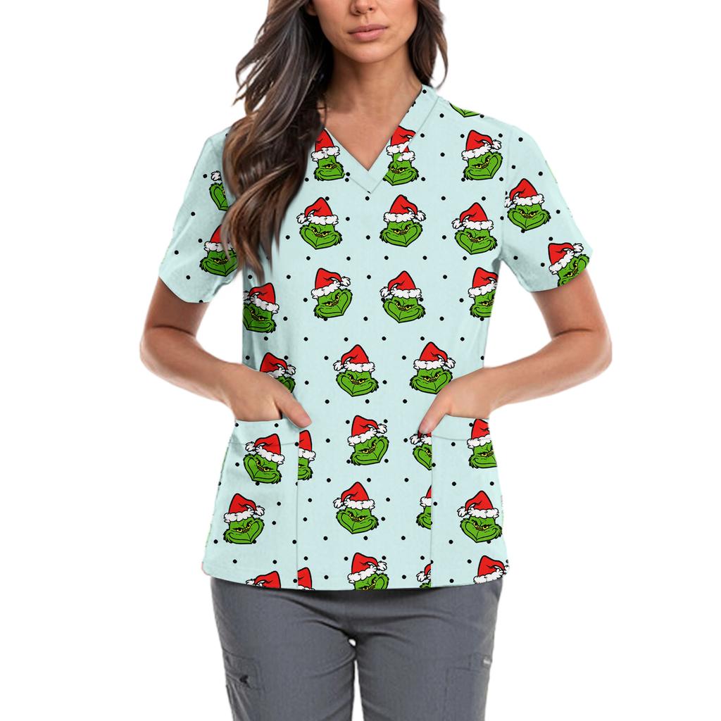 Women's Cute Bow Printed Work Clothes V-neck Double Layer Pockets Basic Short Sleeve Top Pullover