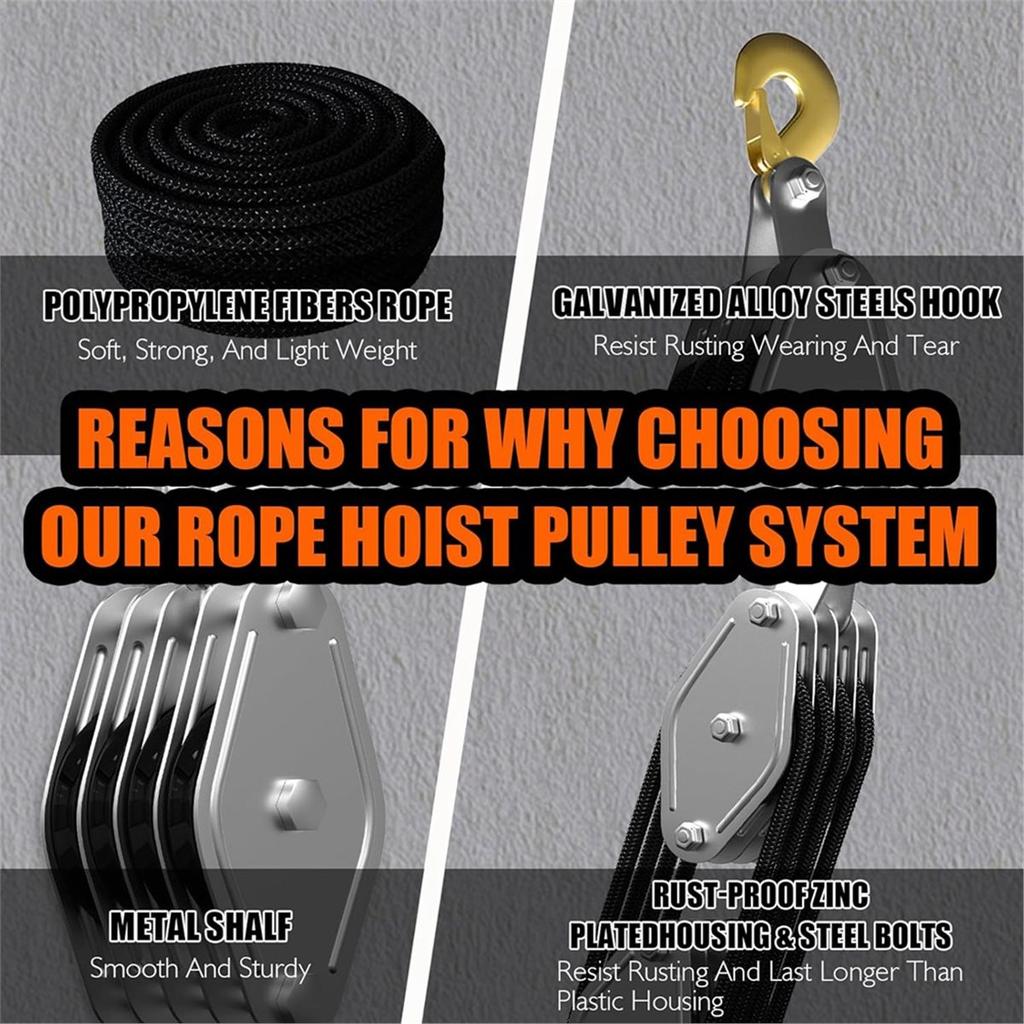 Rope Hoist Pulley System, 4400LB Pulley Block and Tackle, 8:1 Ratio Lifting Power 65ft, Heavy Duty Pulley Block