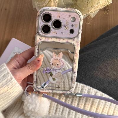 Purple Floral Rabbit Card Holder Case for iPhone 17 Pro Max & Apple 16/15 for Girls