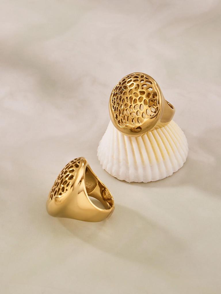 18K Gold Plated Stainless Steel Hollow Ring – Exaggerated Design, Fashionable, Versatile European & American Jewelry