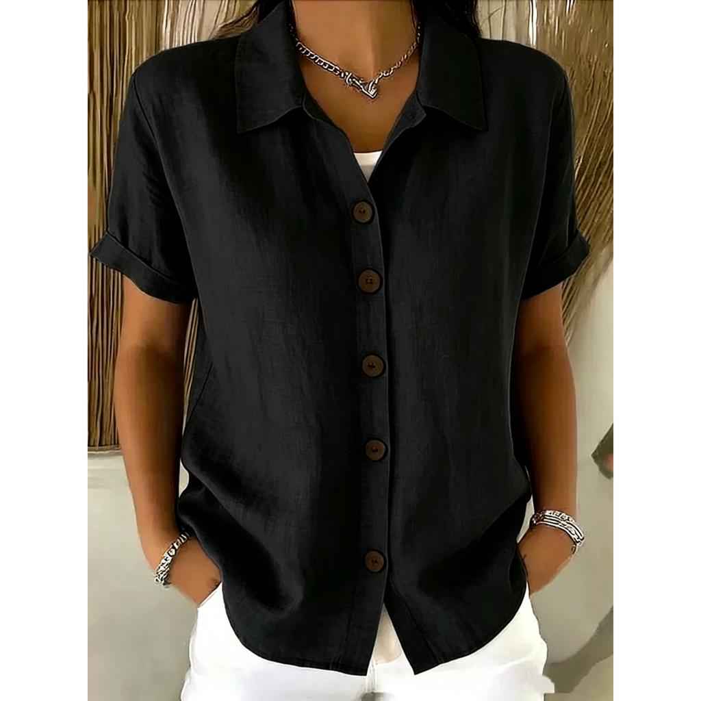 Women's Elegant Summer Cotton Linen Tops Short Sleeve Lapel Button Up Solid Color Loose Shirt Women Casual Blouse Cardigan Tops