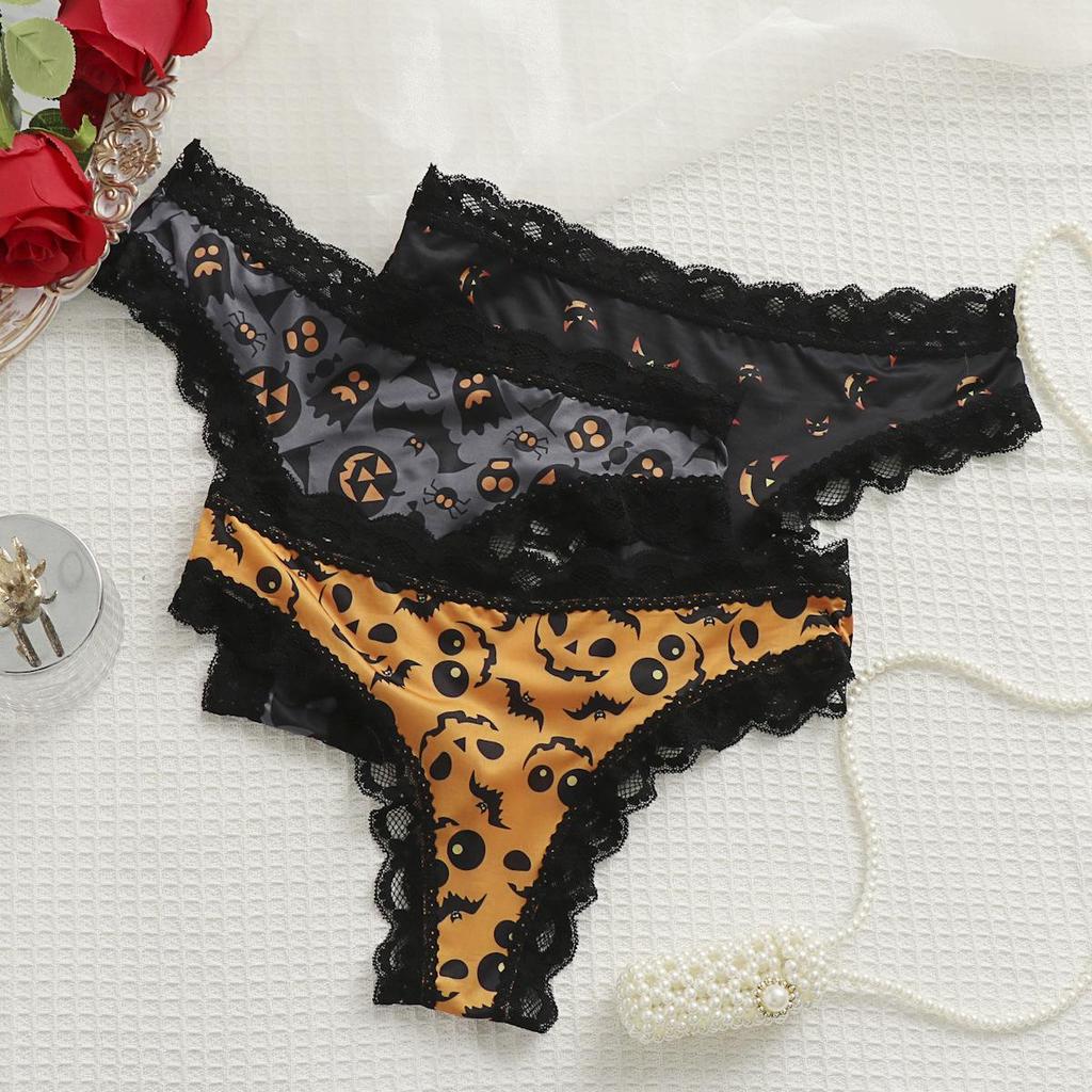 Lace Patchwork Seamless Halloween & Christmas Print Ice Silk Thong 367