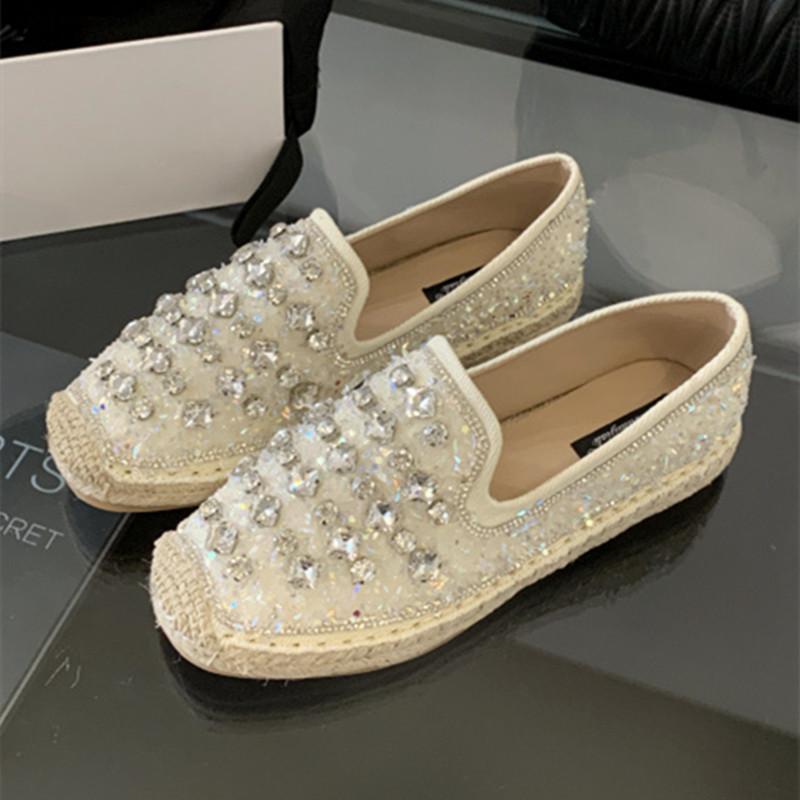 Fashion High Quality Handmade Woven Flats Women Luxury Bling Rhinestone Decoration Brand Designer Shoes Comfortable Non-slip Casual Shoe