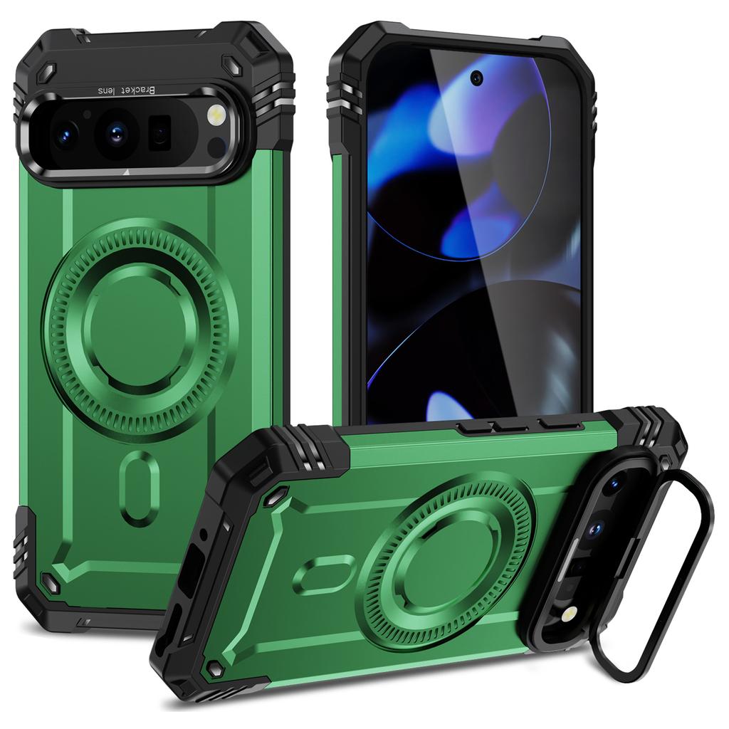 For Google Pixel 9/9 Pro Case Compatible with MagSafe Metal Lens Frame Kickstand PC+TPU Mobile Cover