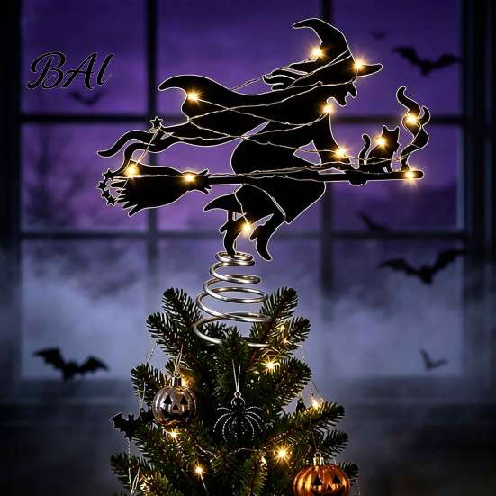 Halloween Tree Topper Witch Topper, with LED Lights, Black Iron Spooky Holiday Decor Art Silhouette Ornament, for Christmas And Party