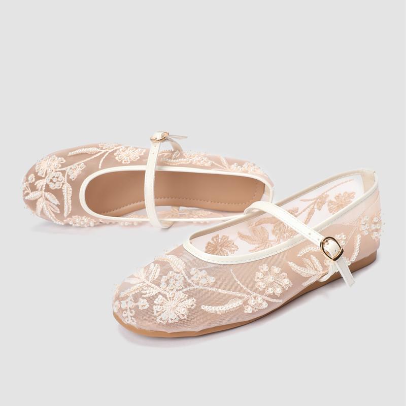 Fashion White Pearl Mesh Embroidery Ballet Flats Women Elegant String Bead Flat Sandals Light Summer Mary Jane Shoes Zapatos De Mujer