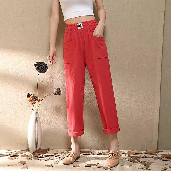 Sommer Baumwolle und Hanf Damen Einfarbig Cropped Hosen Große Größe Harems Hose Freizeithose