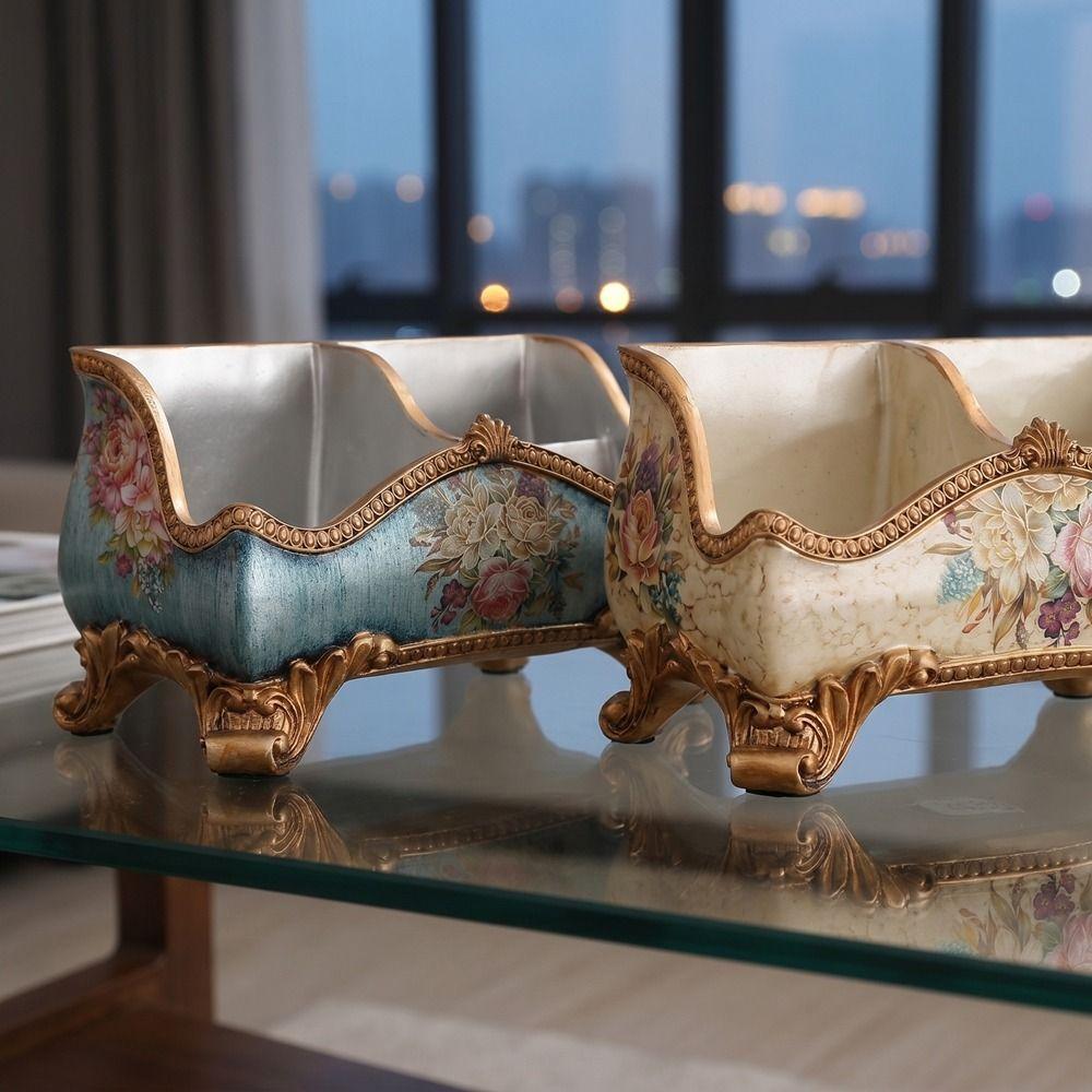 Resin European Style Storage Box Flower Pattern 3 Compartment Remote Control Box Decorative Retro Remote Control Holder
