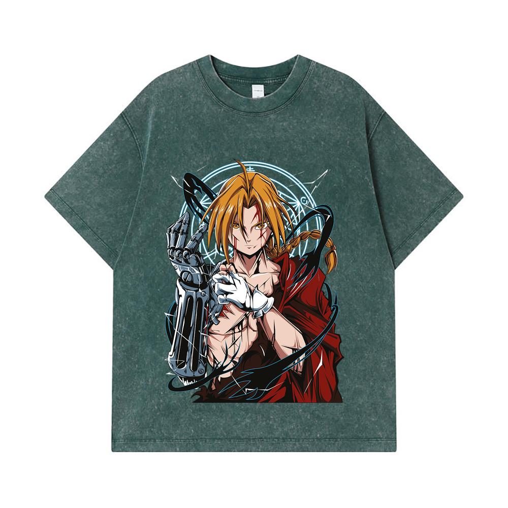 275 GSM Washed T-shirts 100% Cotton Fullmetal Alchemist V6 Edward Print Unisex Heavy Cotton T Shirt