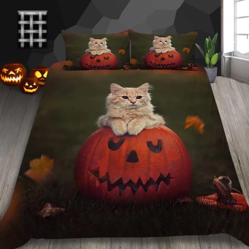 Halloween Pumpkin King Queen Duvet Cover Cartoon Black Cat Bedding Set Kids Girls Orange Pumpkin Lantern Polyester Quilt Cover