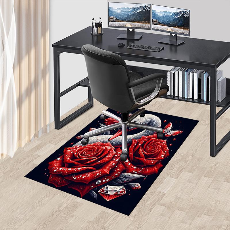 Elegant Swan with Red Roses Chair Mat Office Carpet, Oversized Rug for Home Decor, Gift, Suitable for Bedroom, Living Room, Various Rooms
