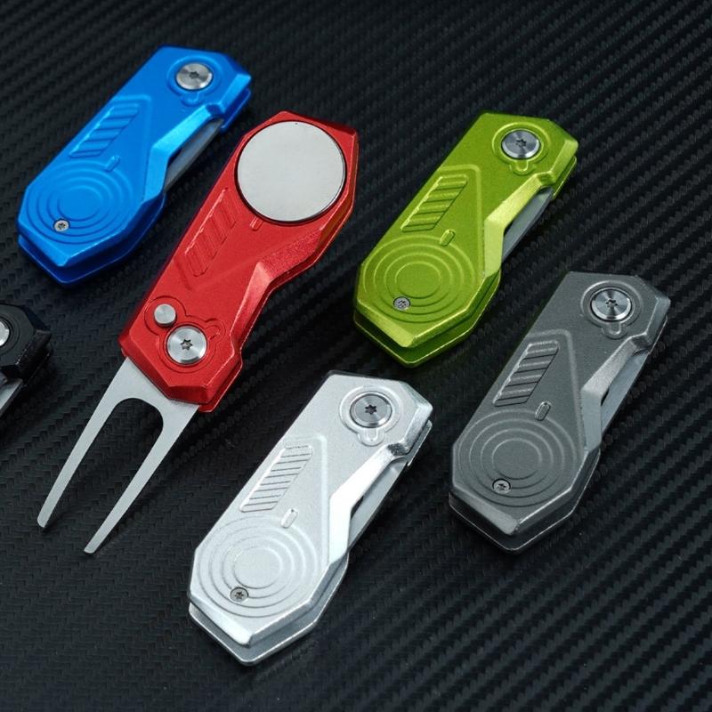 Golf Divot Repair Tool with Popup Button Mini Golf Divot Tools Foldable Golf Green Fork Golf Magnetic Marker Pitch Mark