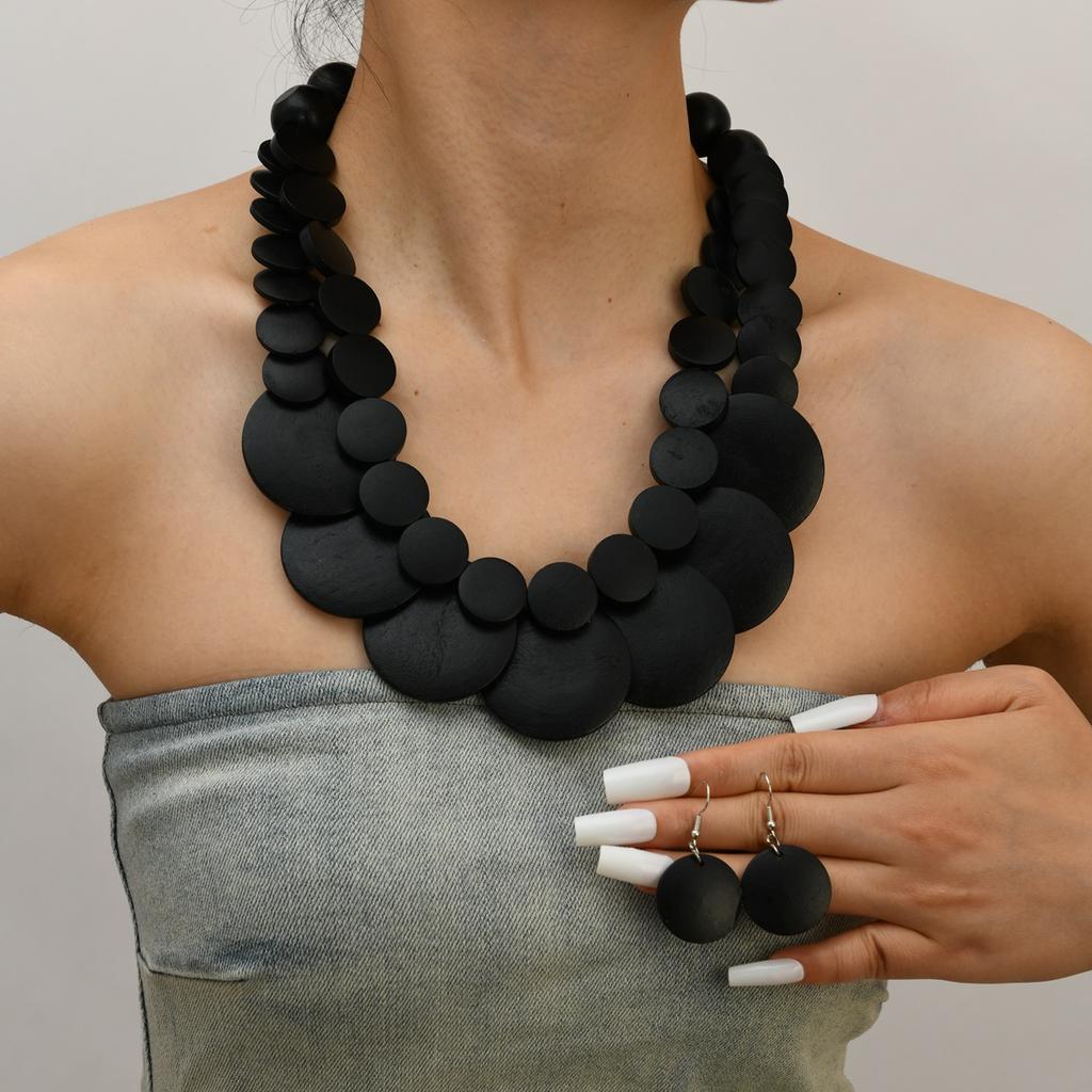 Geometric Size Woodchip Beaded Multilayer Necklace Sweater Chain Bohemian Ethnic Style African Necklace