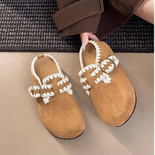 Japanese slippers soft sister embroidery sweet and cute Birkenstock soft bottom  bag head slippers lace