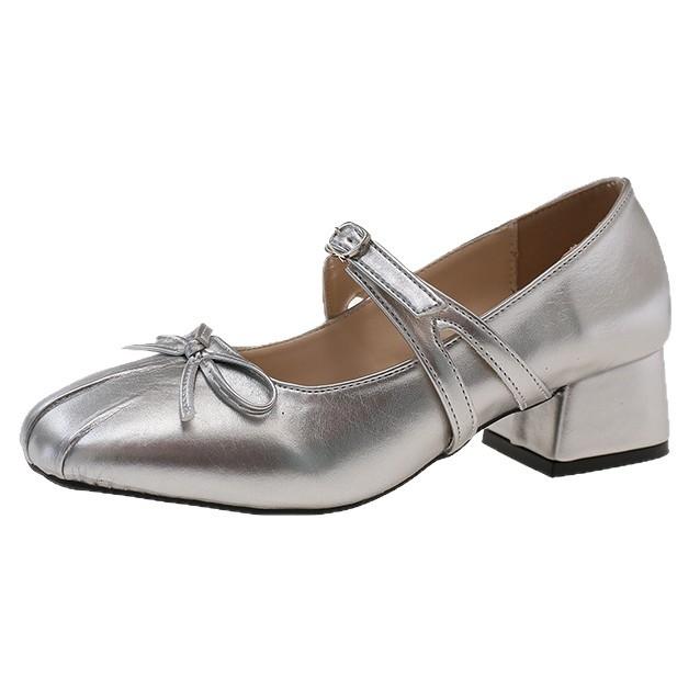 French square head ballet single shoes small leather shoes 2025 new bow light mouth retro thick heel Mary Jane shoes women