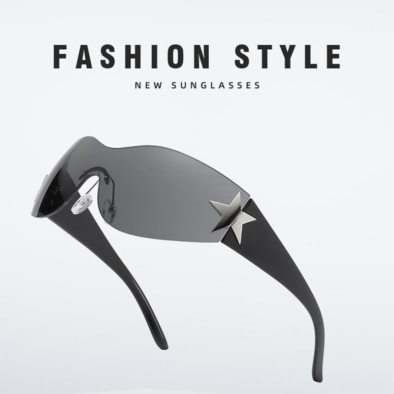 

Мужские солнцезащитные очки для путешествий, цельные пятизвездочные безрамочные женские модные солнцезащитные очки Y2K с пятью звездами ручной работы Bright black grey lens