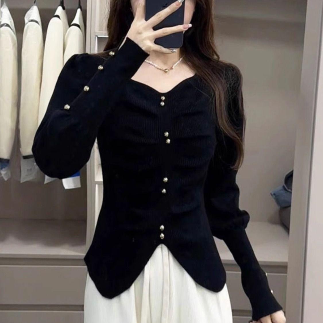 

Французский V-образный вырез, гвоздь, бисер, трикотаж, длинные рукава, осень/зима, универсальный, модный, плиссированный низ, верх 2XL чёрный