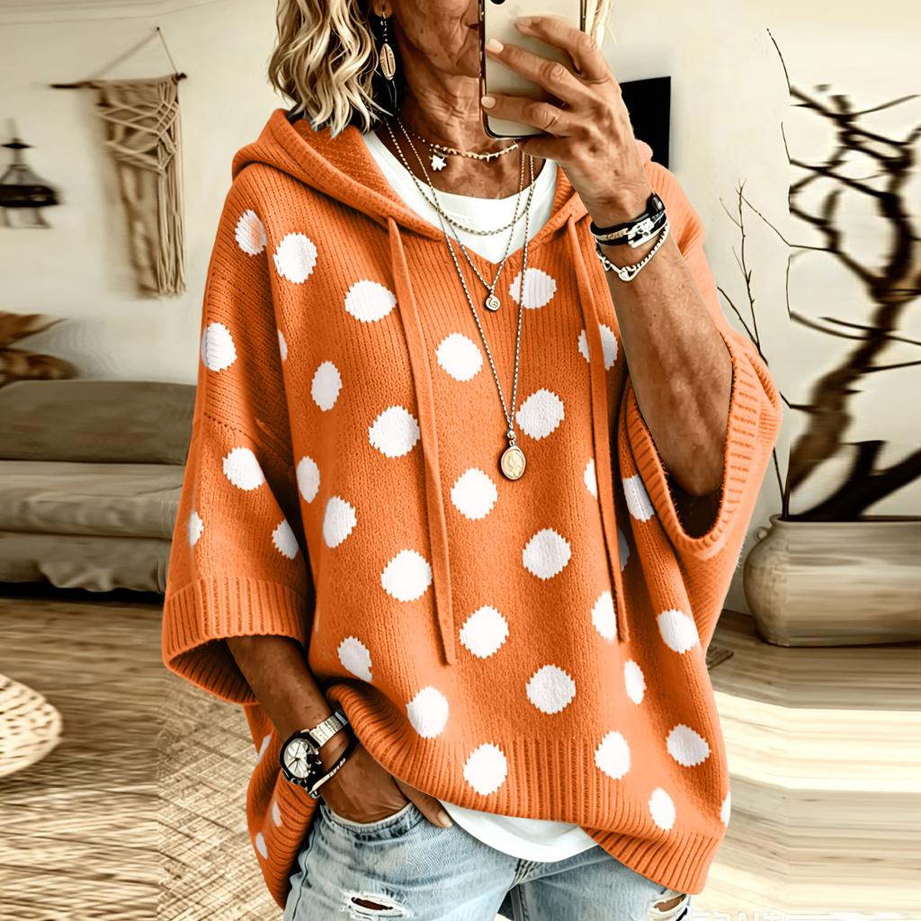 Women's Polka Dot Knit Hoodie Sweater with Drawstring Hood