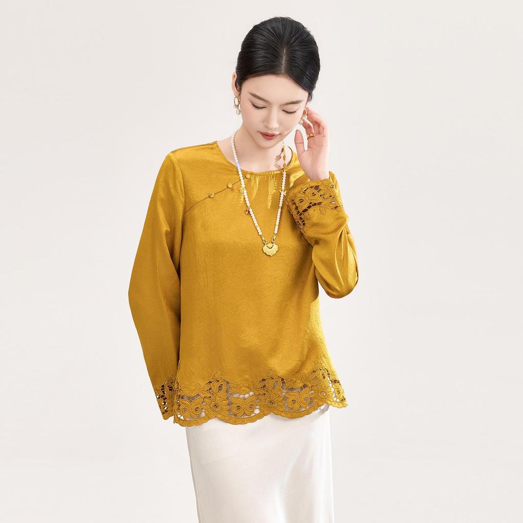 Luxurious Retro Chinese Satin Embroidery Round Neck Shirt - Early Spring Fashion