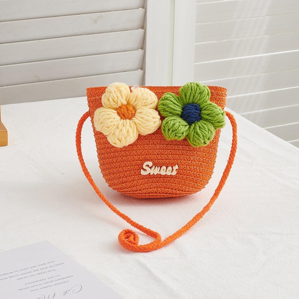 Cute Zipper Straw Bag Flower Princess Summer Beach Coin Purse Handmade Woven Storage Basket Kids
