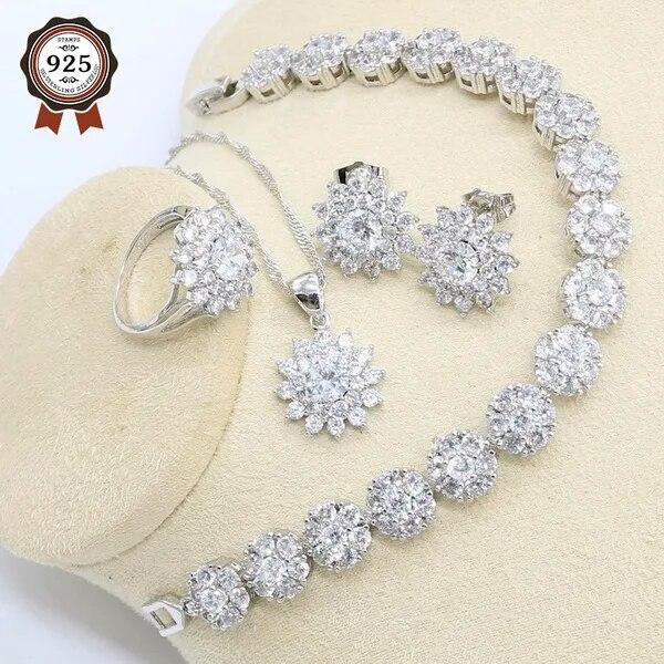 

Белый Циркон 925 Серебряный Свадебный Комплект Ювелирных Изделий для Женщин Браслет Серьги Ожерелье Кулон Кольцо Подарочная Коробка 8