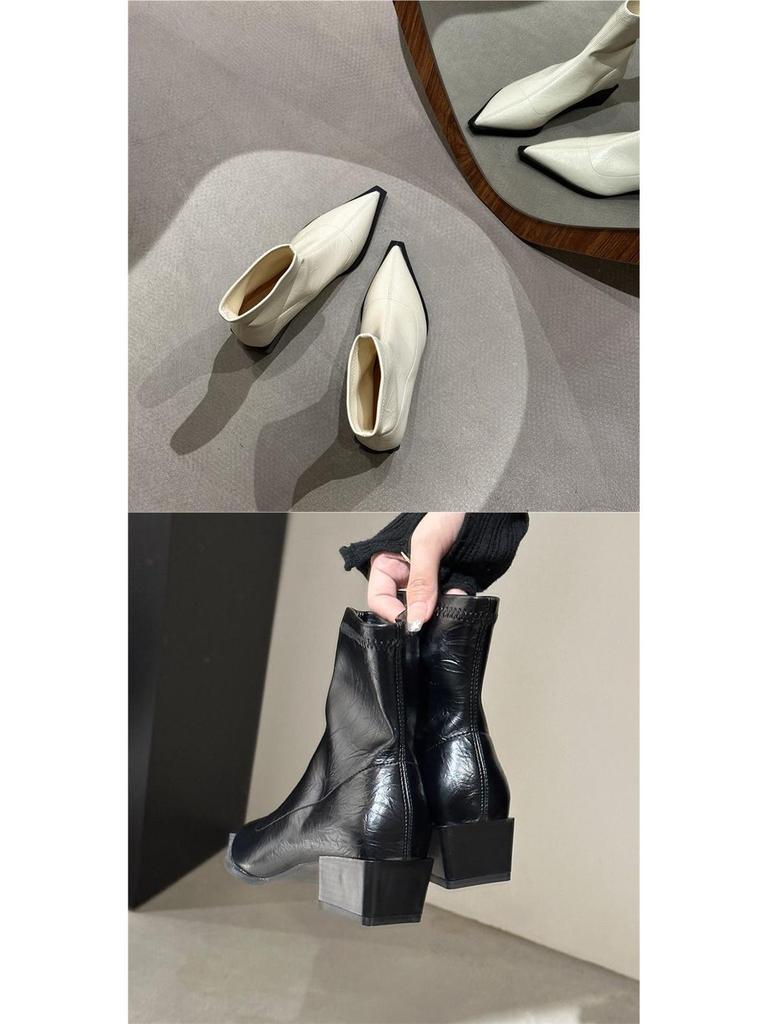 Women's Chunky Heel Pointed Toe Ankle Boots - Slimming Soft Leather for Spring/Autumn Fashion