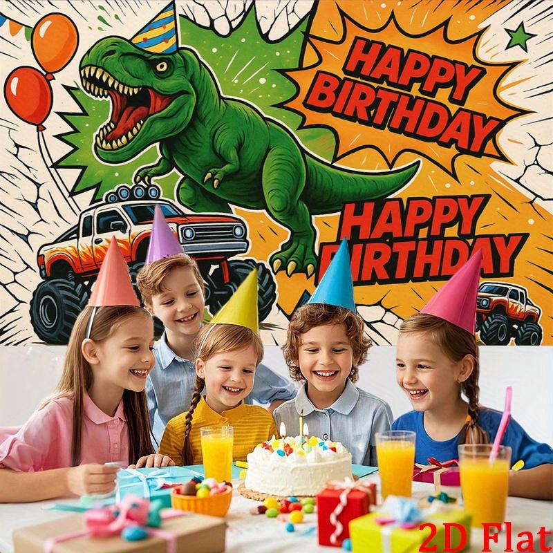 2D plane, "Dinosaur and Monster Truck Birthday Banner" - Dinosaurs and trucks with balloons, durable party backdrop fabric
