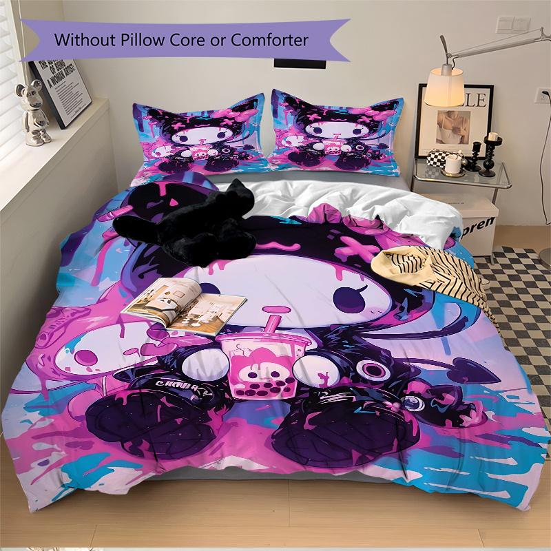 3pcs Graffiti Kuromi Bedding Set - Includes 1 Quilt Cover and 2 Pillowcases, Comfortable Bedding with Stylish Design for Bedroom, Machine Wa