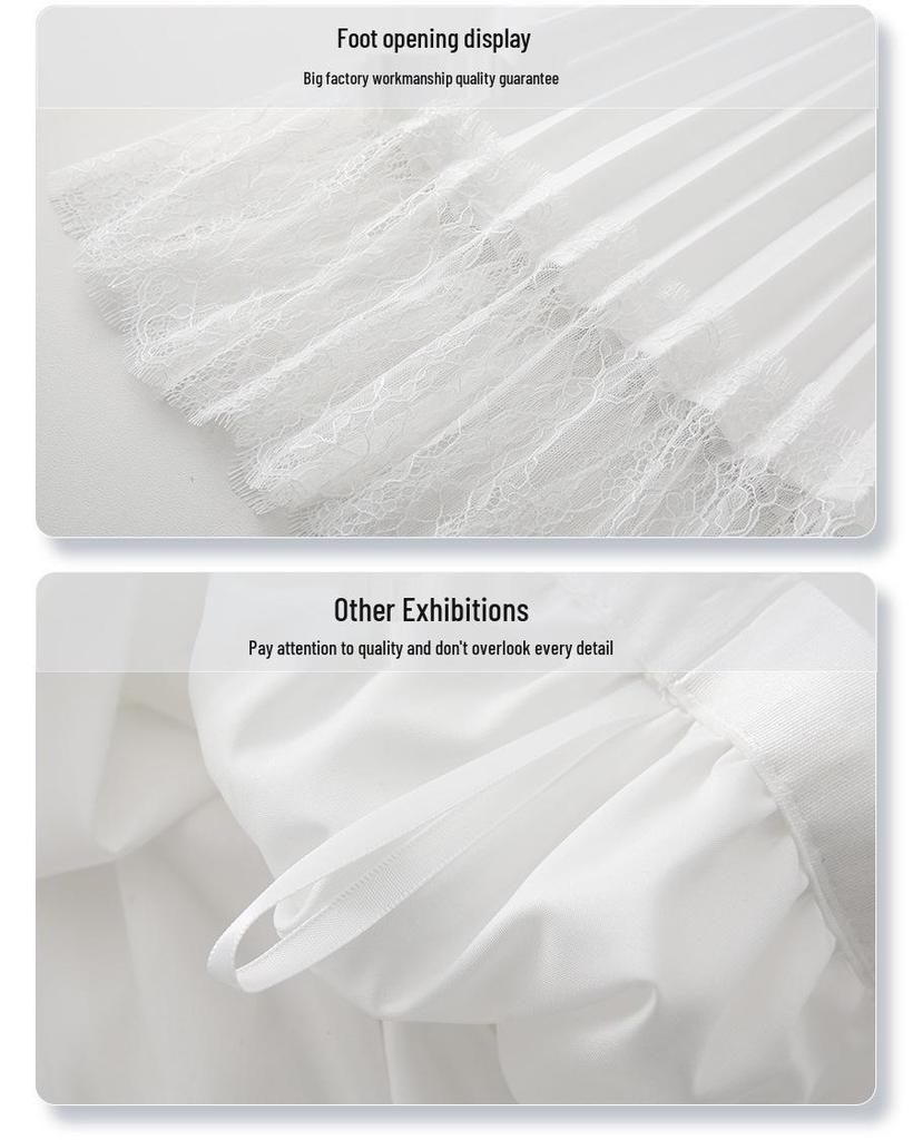 Women’s High Waist White Mesh Pleated A-Line Skirt with Lace Patchwork, Mid-Length, Summer 2025 Collection