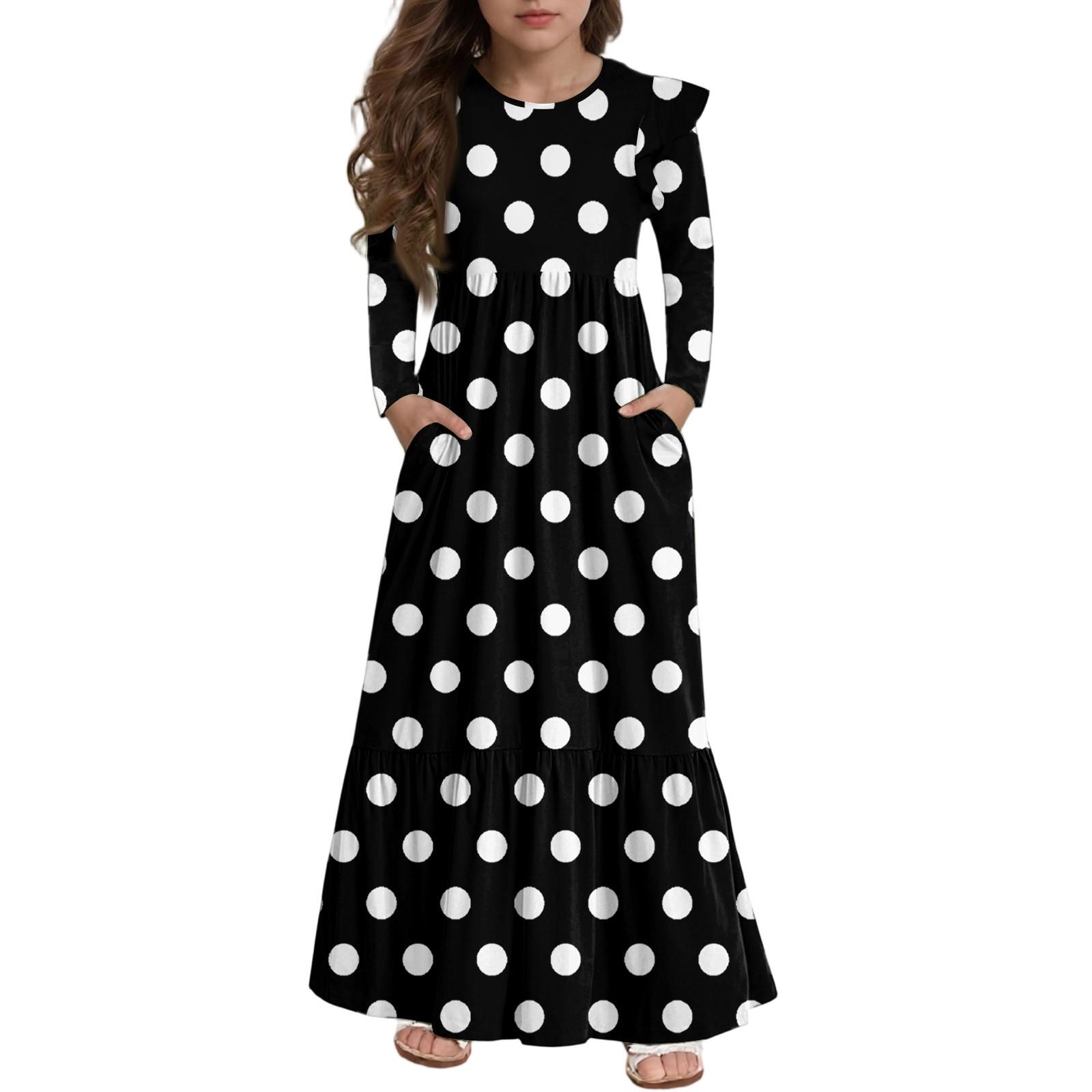 

Girls Tiered Ruffle Dress - Long Sleeve Printed Maxi With Pockets 110 чорний