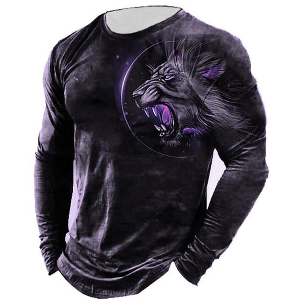 Retro T -shirt erkek uzun kollu 3D aslan baskı 2022 Erkek büyük boy giysiler o Yaka gündelik T -shirt erkek T -shirt sokak kumaşı