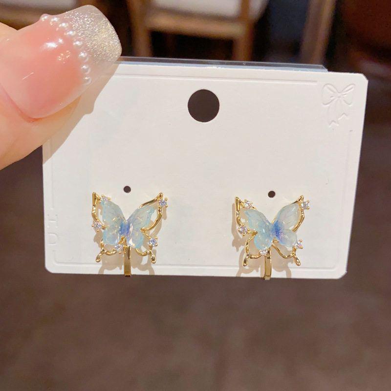 Micro-inlaid zircon butterfly earrings niche design fashionable ear clips small fresh temperament earrings women