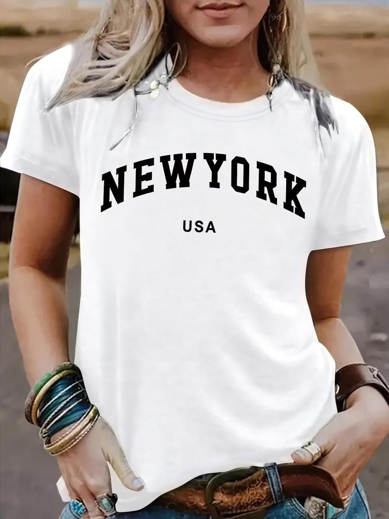 Women's Short-Sleeve Round Neck T-Shirt with NEW YORK Print - Stylish Summer Casual Wear