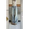 Women's Mid Waist Lace Trim Light Blue Flare Jeans Distressed Loose Wide Leg Denim Pants Streetwear