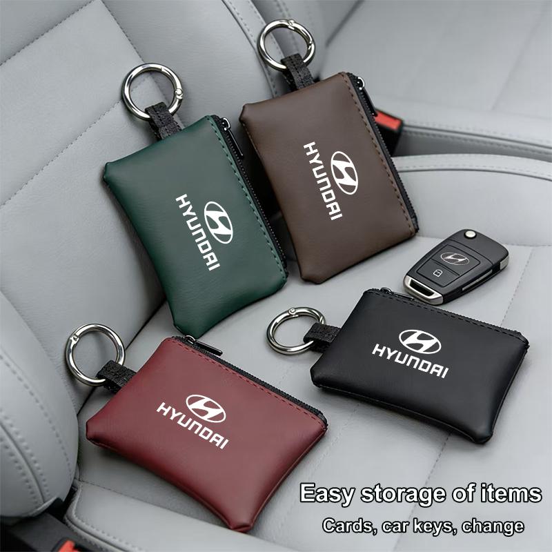 Car Leather Key Wallet Card Bag Emblem keychain Pouch For Hyundai I10 Creta Matrix Bayon Venue Ioniq IX35 Sonata IX20 GDI Equus R5