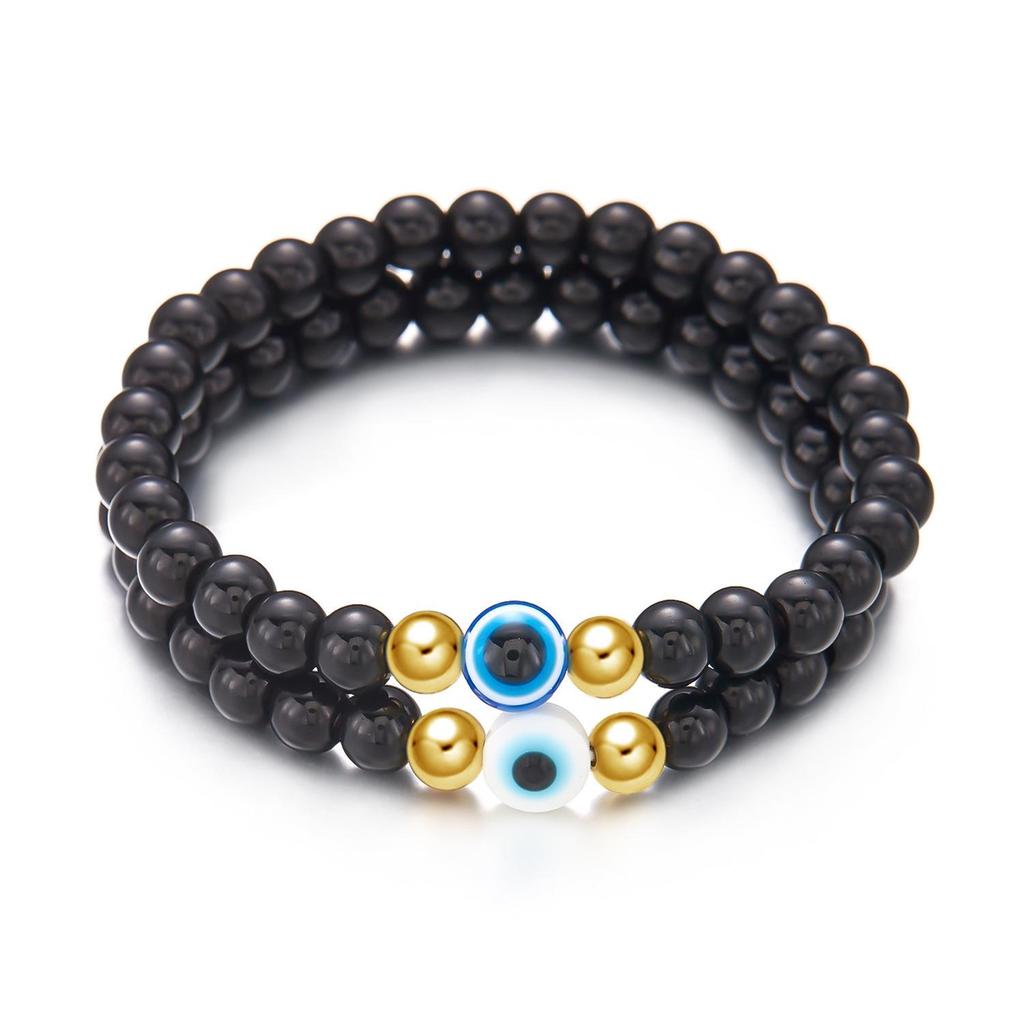 European-American Blue Evil Eye & Black Hematite 8mm Beaded Bracelet
