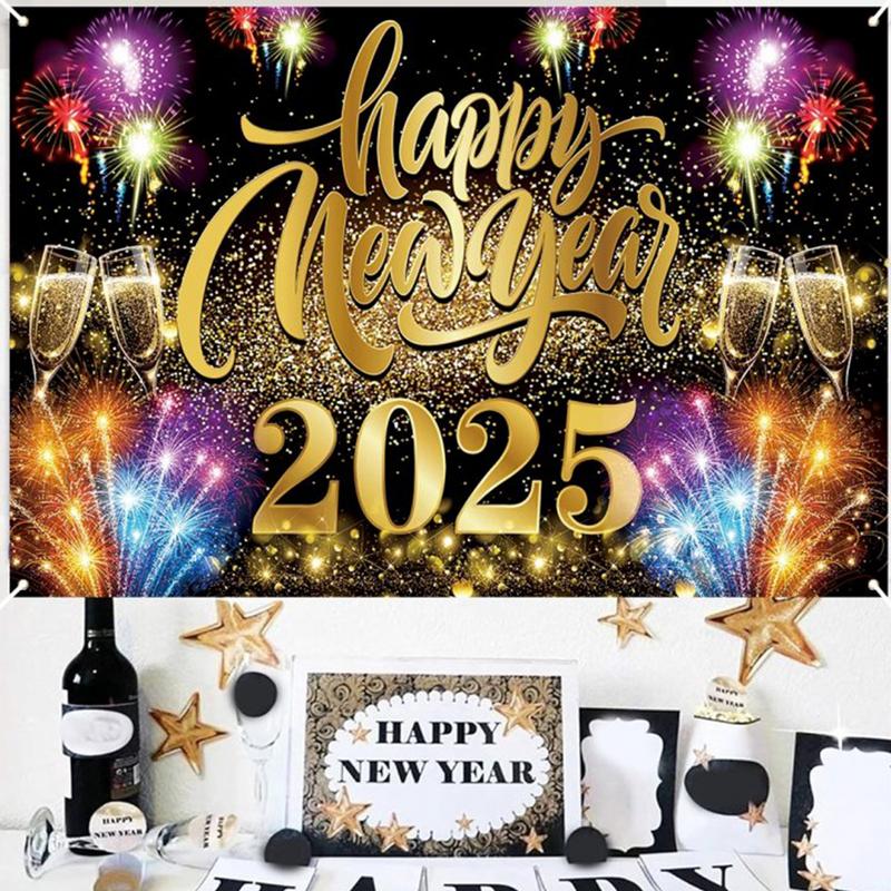 2025 Happy New Year Banner New Year Black Gold Party Decoration Background 71 X 43in Photo Backdrop Non-Fade New Year Banners