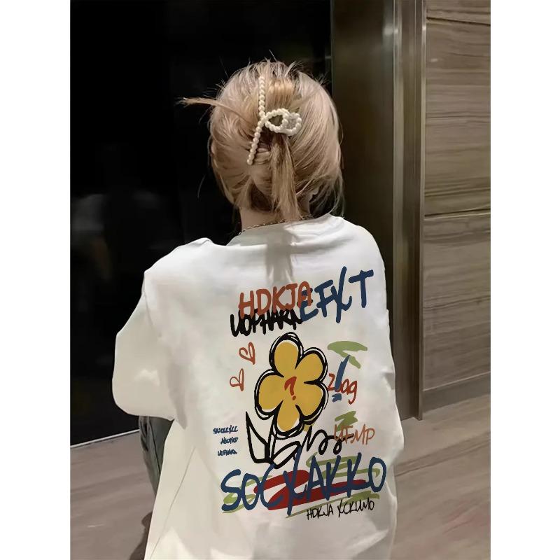 Womens Tee White Bold Letter Vibrant Floral Print Round Neck Short Sleeve Breathable Smooth Texture Casual Summer Top
