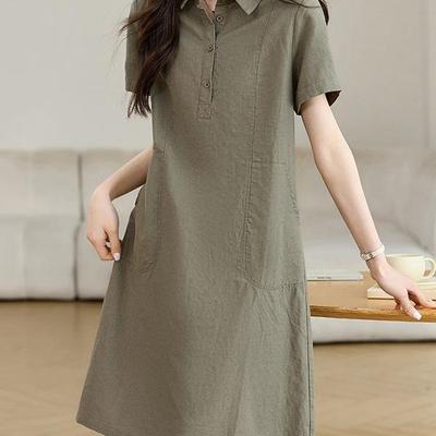 Women's Summer 2026 Cotton Linen Short Sleeve Mid-Length Slimming Shirt Dress with POLO Collar.