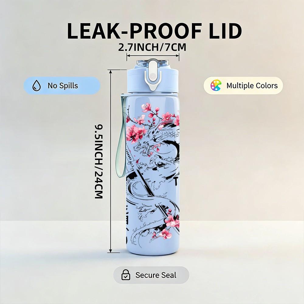 1PC Cherry Blossom Geisha Black Ink Print 750ml Color Plastic Sports Water Bottle Leakproof Flip Straw Lid Suitable for Sports Office Home Use