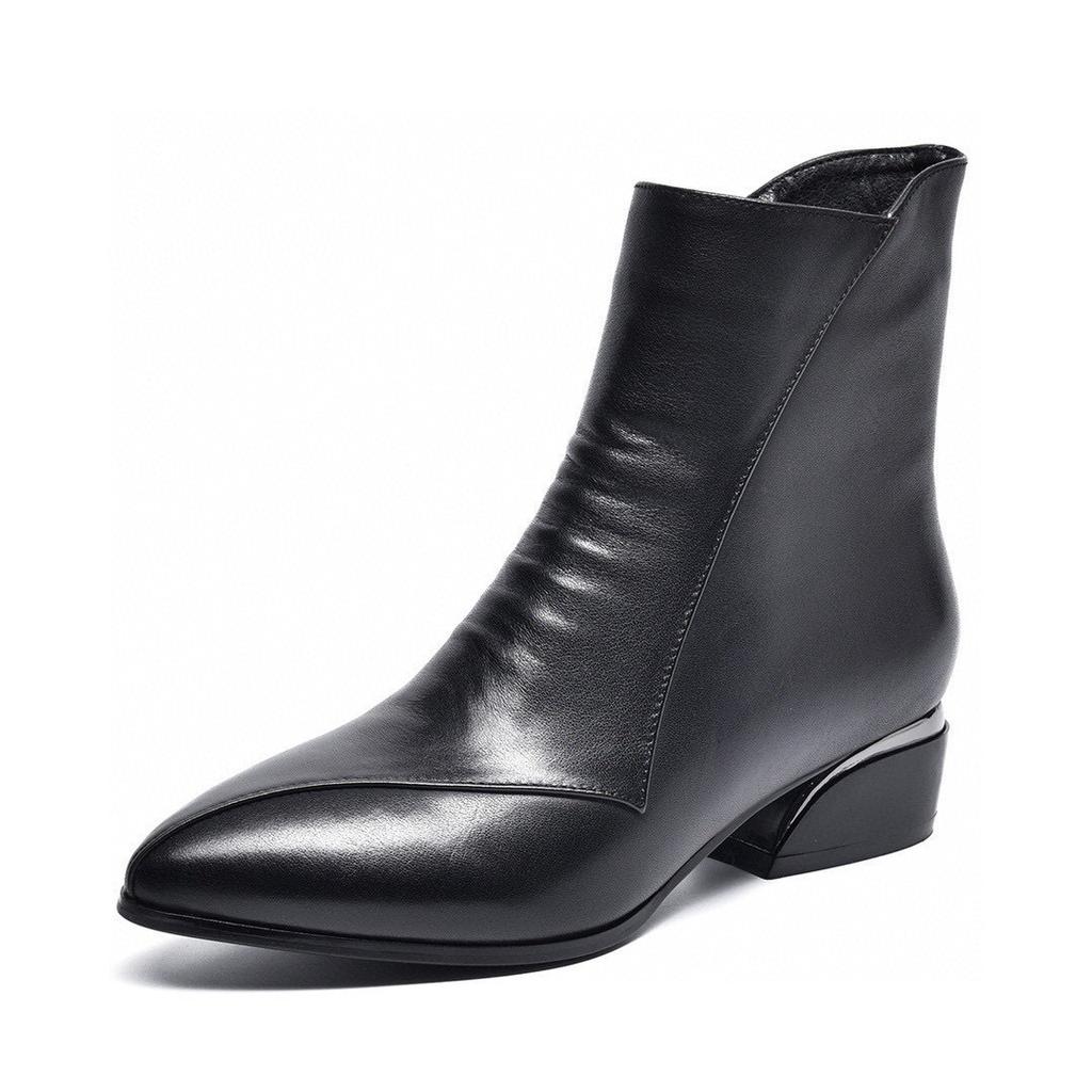 Leather boots women's 2025 autumn and winter new pointed thick heel European and American style short boots comfortable cowhide black thin women's fa