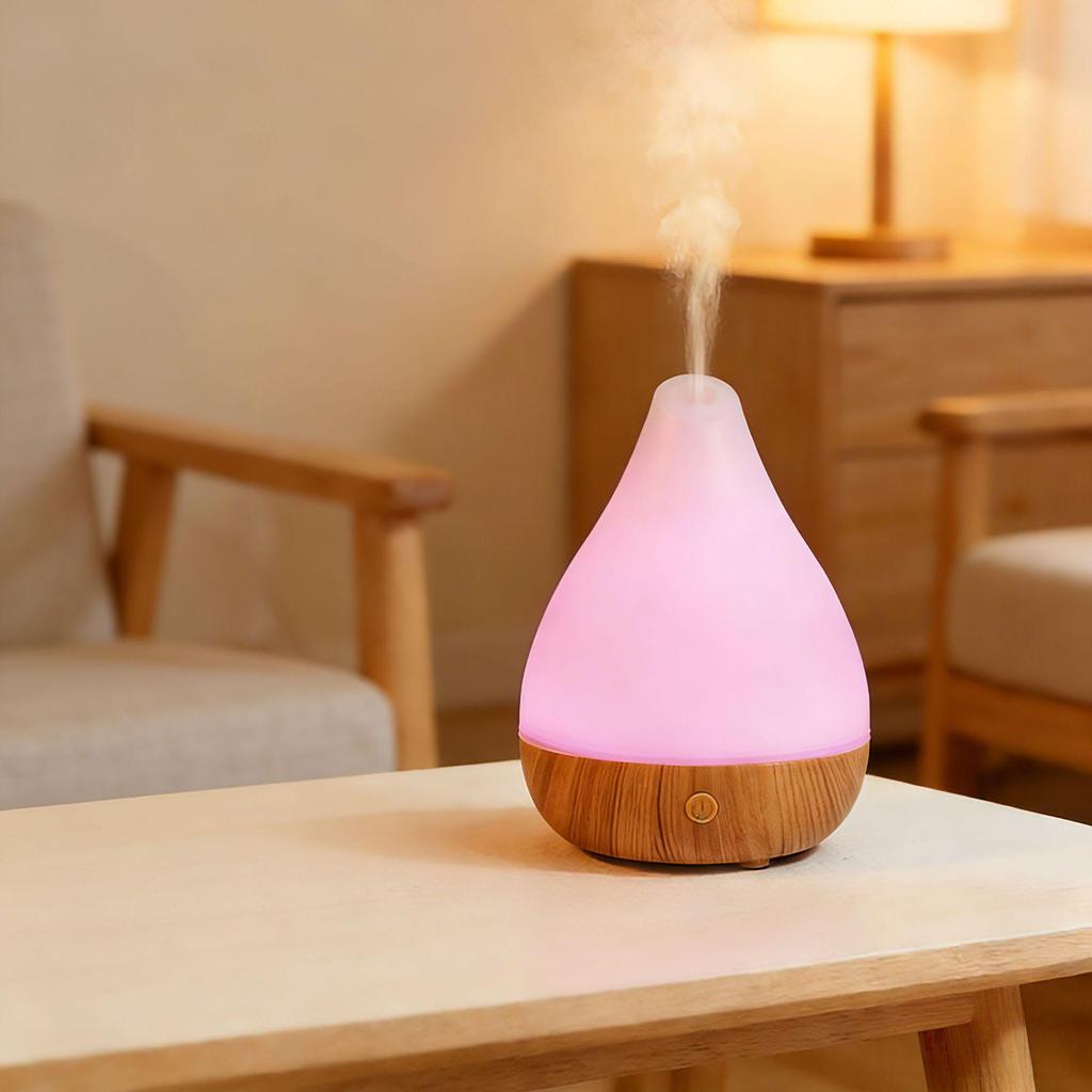 Colorful LED Aroma Diffuser with Wood Grain Base - Small Desktop Humidifier & Fragrance Machine