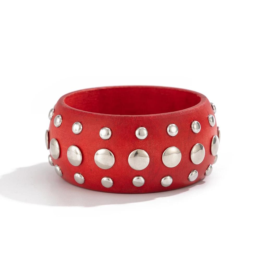 Exaggerated Creative Red Black Wooden Chunky Bangle Bracelet Vintage Punk Stackable Wide Bangle for Women Fashionable Jewelry