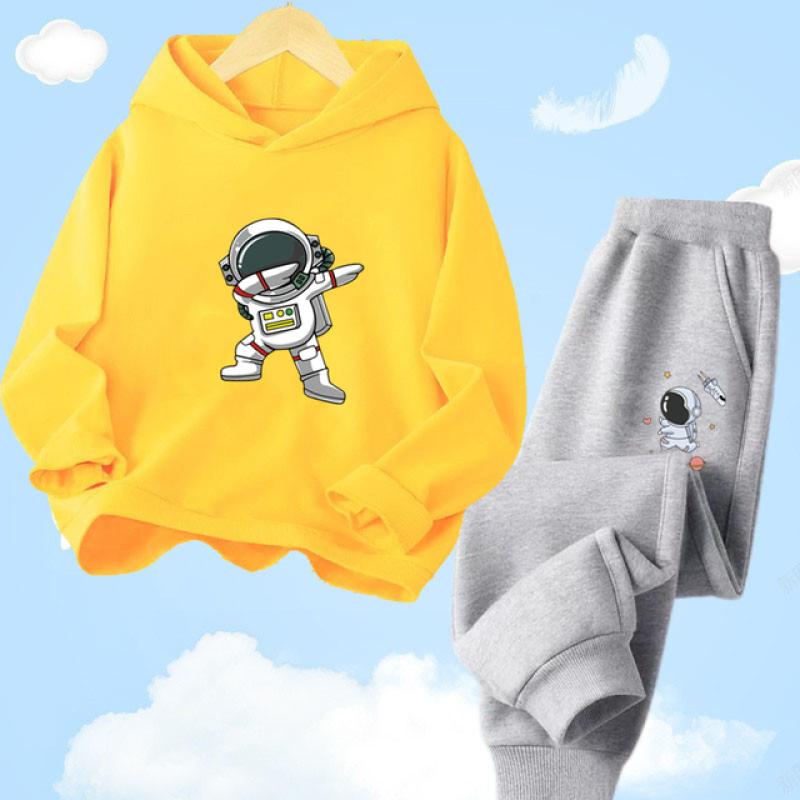 Children's Spring Autumn Funny Astronaut Printed Hoodies Set Pullover Children's Suits Hoody Sweatshirt Sportswear+Pants 2pc Set