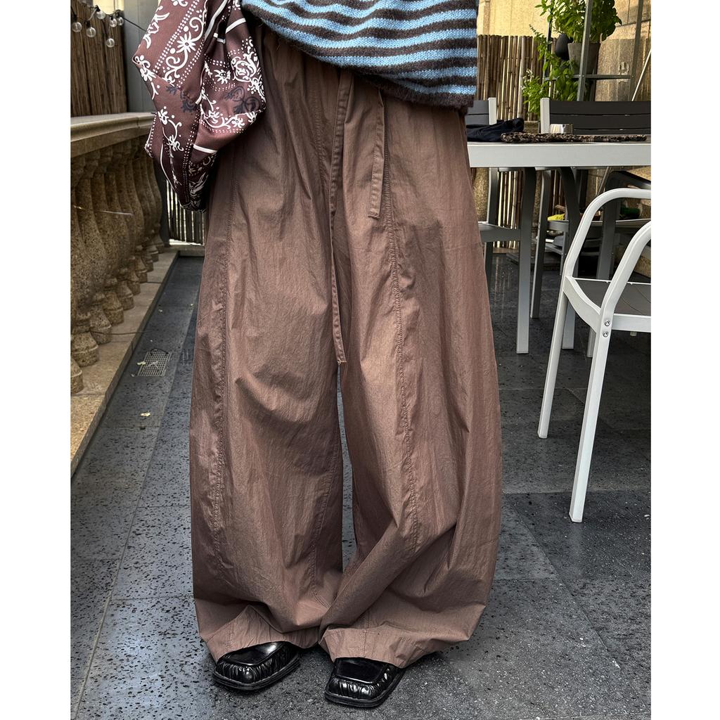 Japanese Style Relaxed And Elastic Waistband With Curved Waistband Casual Pants, Loose Silhouette Pants For Women