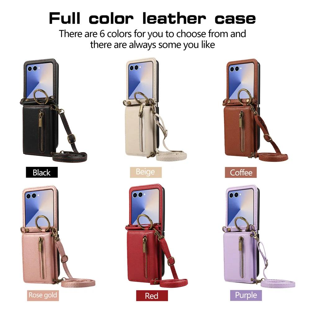 Leather Phone Case with Crossbody Ring and Card Holder for Samsung Galaxy Z Flip 7 6 5 4 3 Flip7 FE Flip6 5G Protective Cover